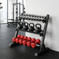Black Everfit 3-tier dumbbell rack holding various weights, designed for home gyms, sturdy and heavy-duty for 300kg capacity.
