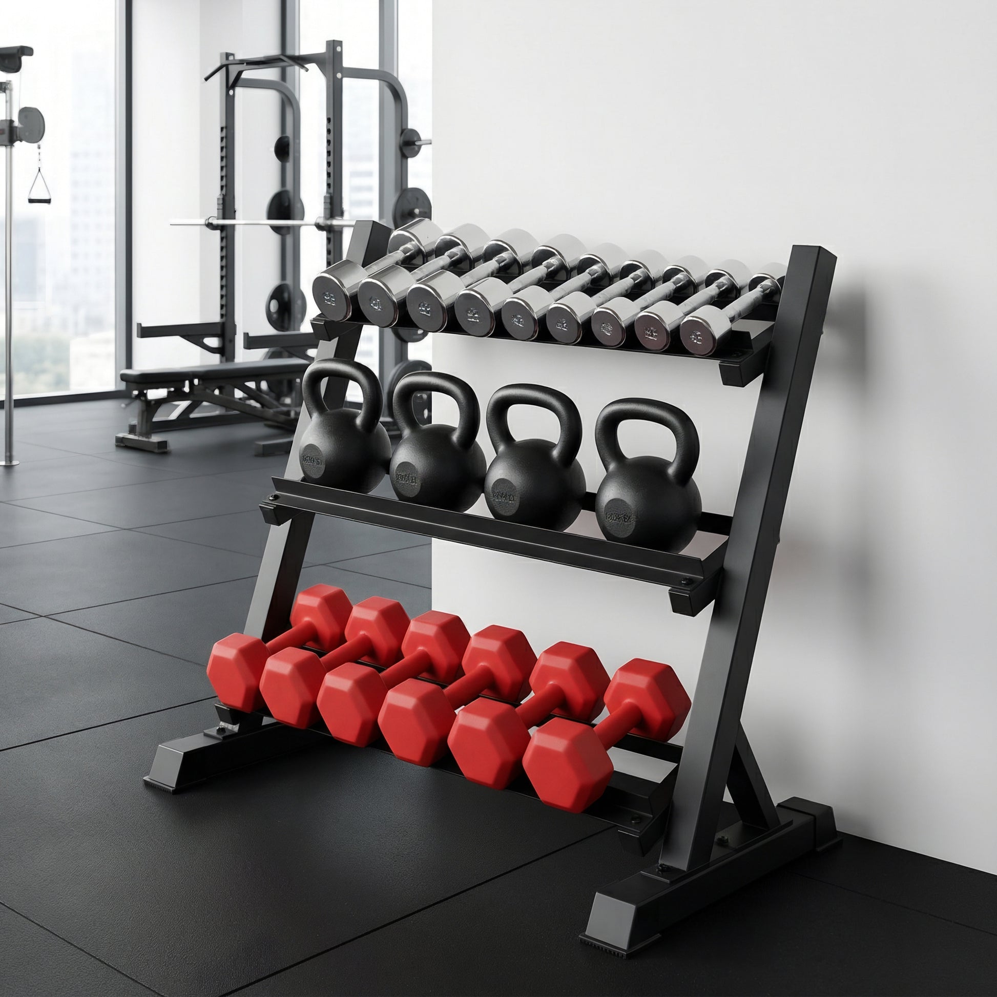 Black Everfit 3-tier dumbbell rack holding various weights, designed for home gyms, sturdy and heavy-duty for 300kg capacity.