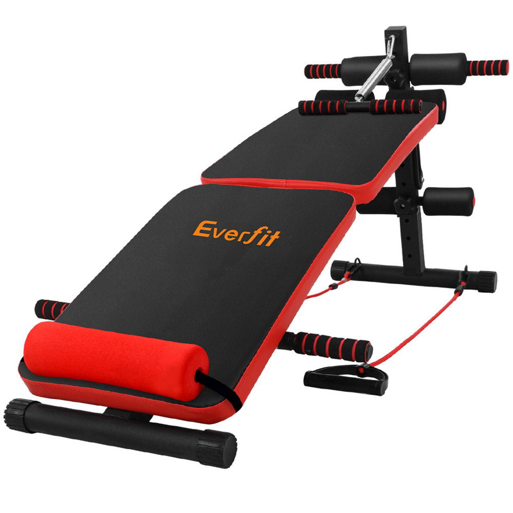 Foldable Everfit weight bench with backrest and seat for sit-ups and presses, ideal for home gym workouts.