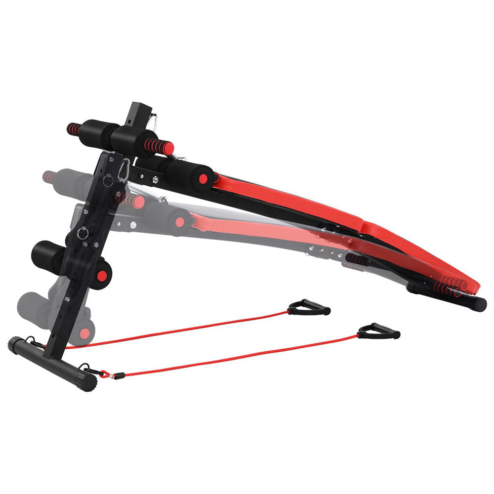 Foldable Everfit weight bench for sit-ups and presses, black metal frame, padded seat, suitable for home gym workouts.