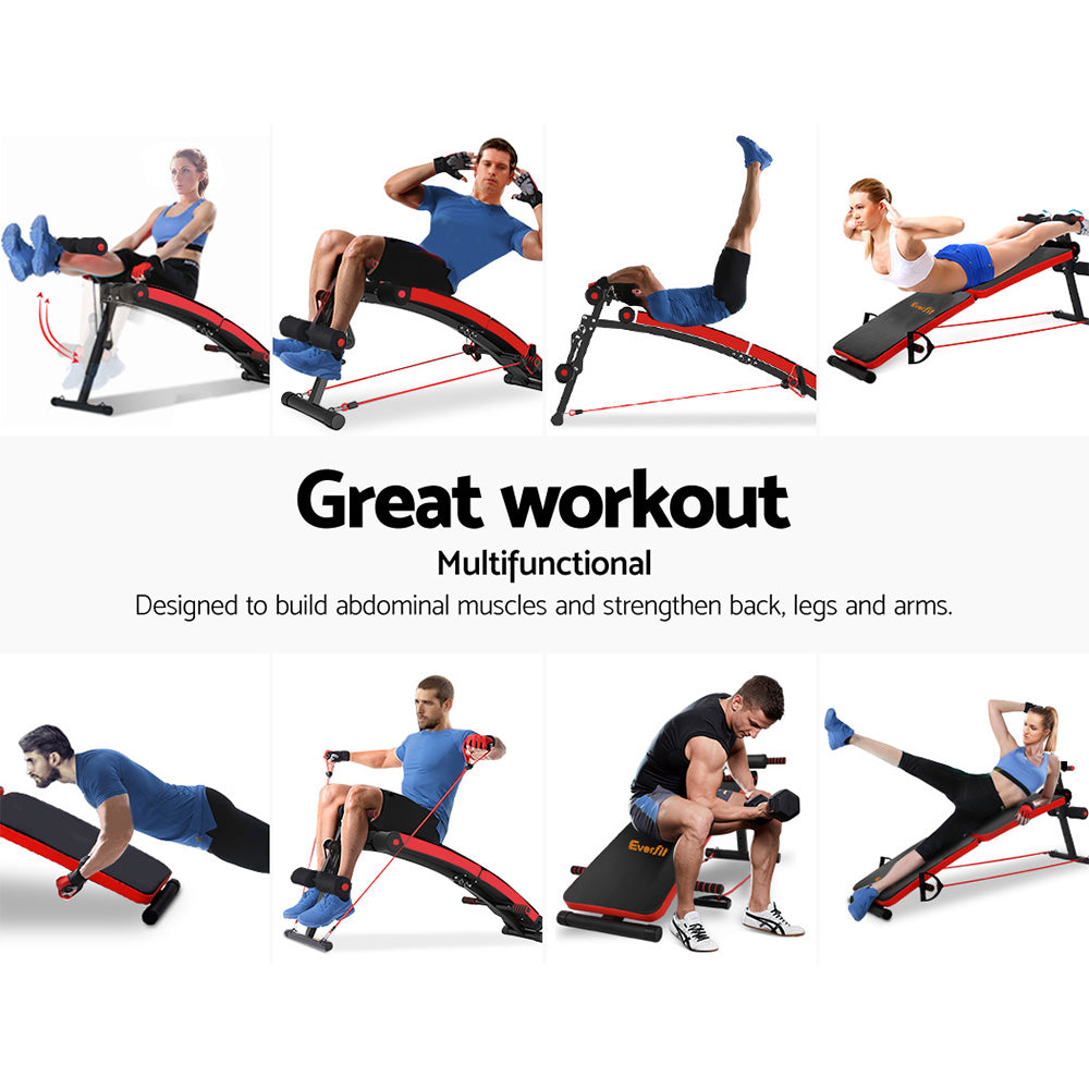 Foldable Everfit weight bench and sit-up bench for home gym workouts, featuring adjustable backrest and sturdy frame.
