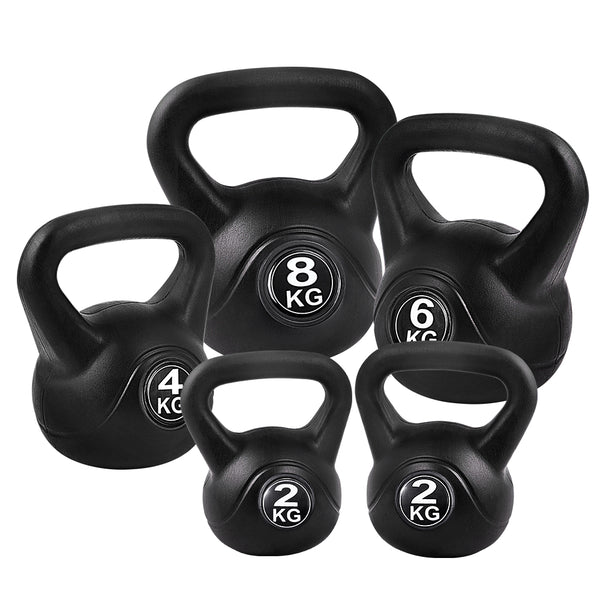 Set of five black kettlebells from Online Fitness Depot for strength training and fitness exercises.