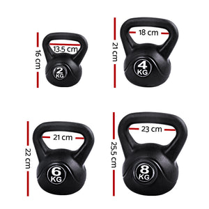 Set of 5 black kettlebells from Online Fitness Depot for strength training and fitness workouts.