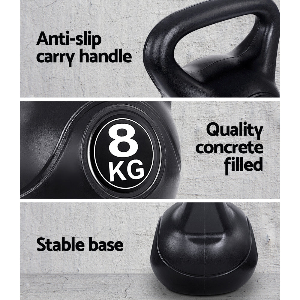 Set of five online fitness depot kettlebells in various weights for exercise and strength training, with black and silver finishes.