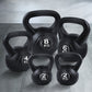 Set of five black kettlebells from Online Fitness Depot for strength training and fitness workouts.