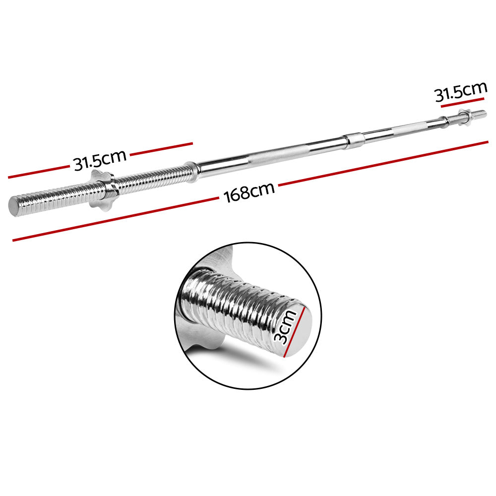 Everfit 168cm barbell bar with weight plates and dumbbells for strength training in a gym setting