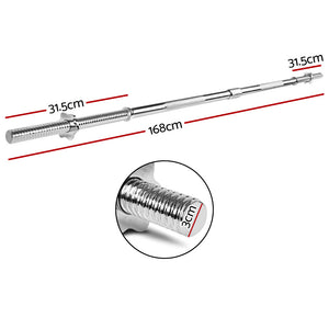 Everfit 168cm barbell bar with weight plates and dumbbells for strength training in a gym setting