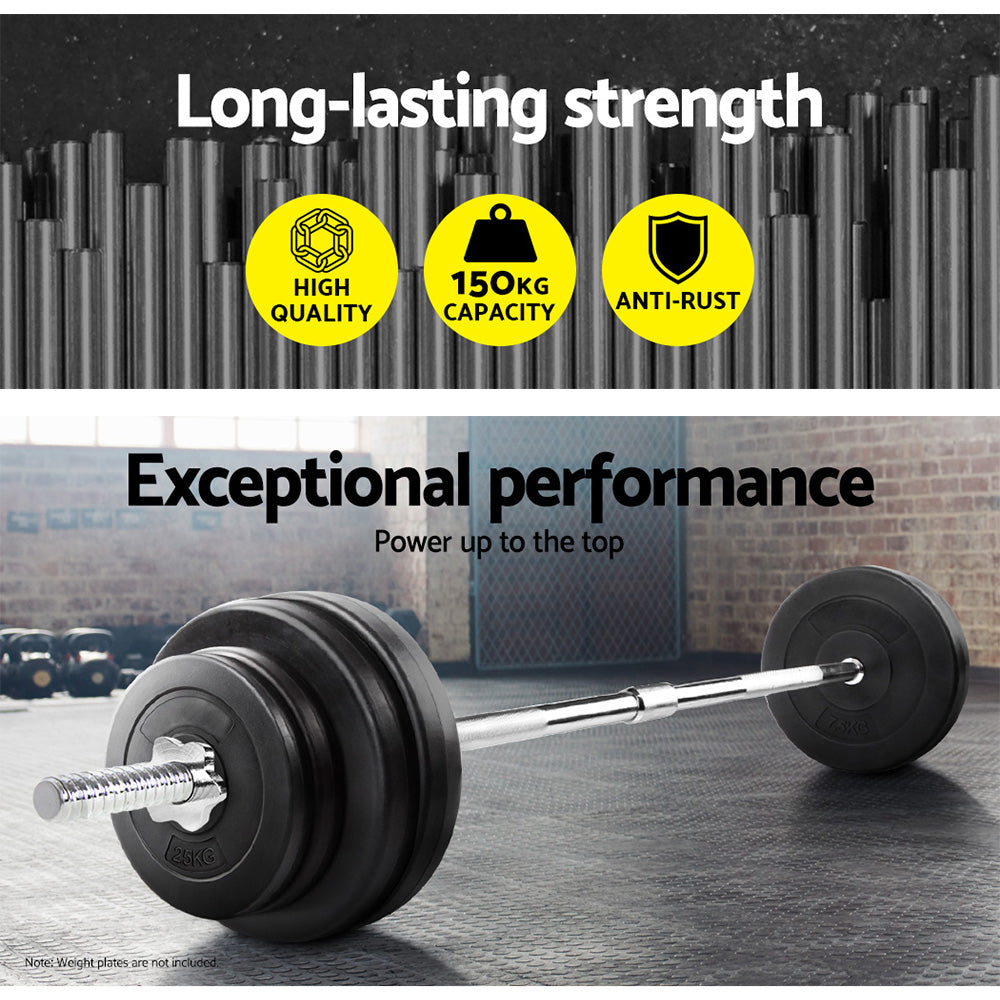 Everfit 168cm barbell bar with weight plates and dumbbells for strength training in a gym setting