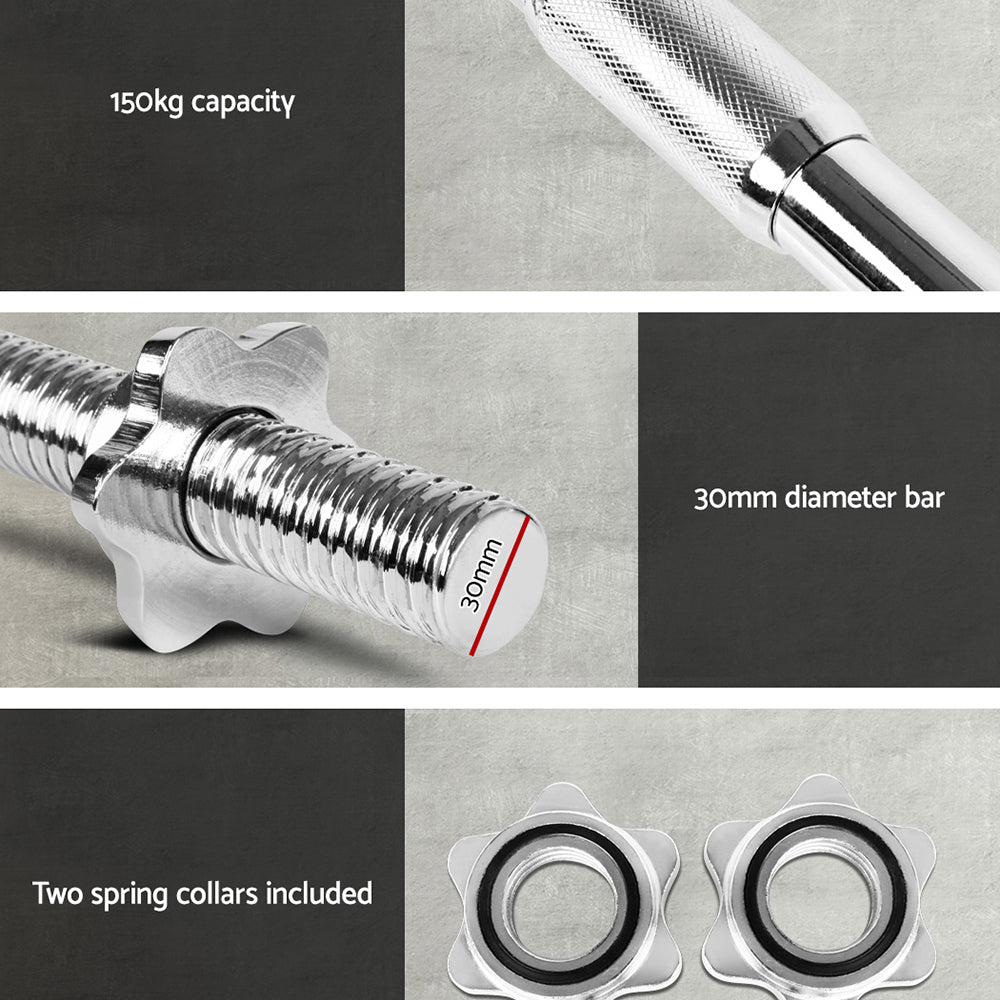 Everfit 168cm barbell bar with weight plates and dumbbells, suitable for rowing and strength training at home or gym.