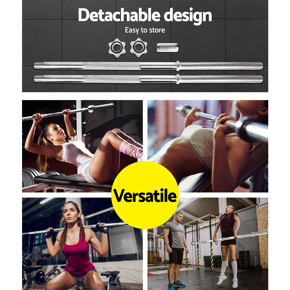 Everfit 168cm barbell bar with weight plates and dumbbells for home gym and strength training exercises.