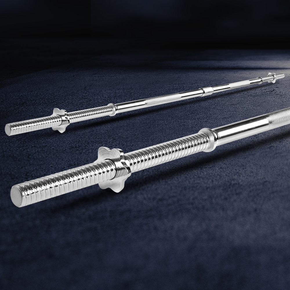 Everfit 168cm barbell bar with weight plates and dumbbells for gym and fitness exercises, featuring a sturdy design and chrome finish.