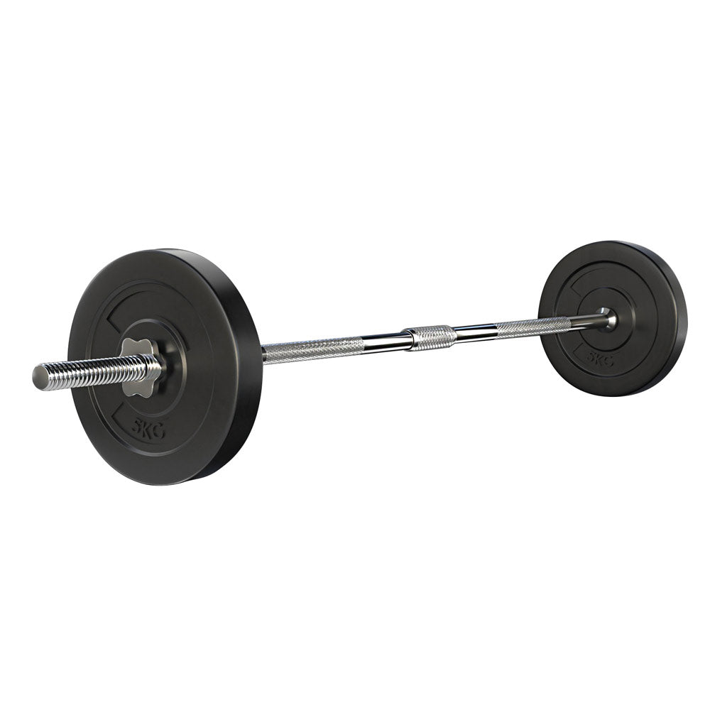 Everfit 18kg barbell set with weight plates and bar, designed for home gym lifting exercises on a 168cm bench.