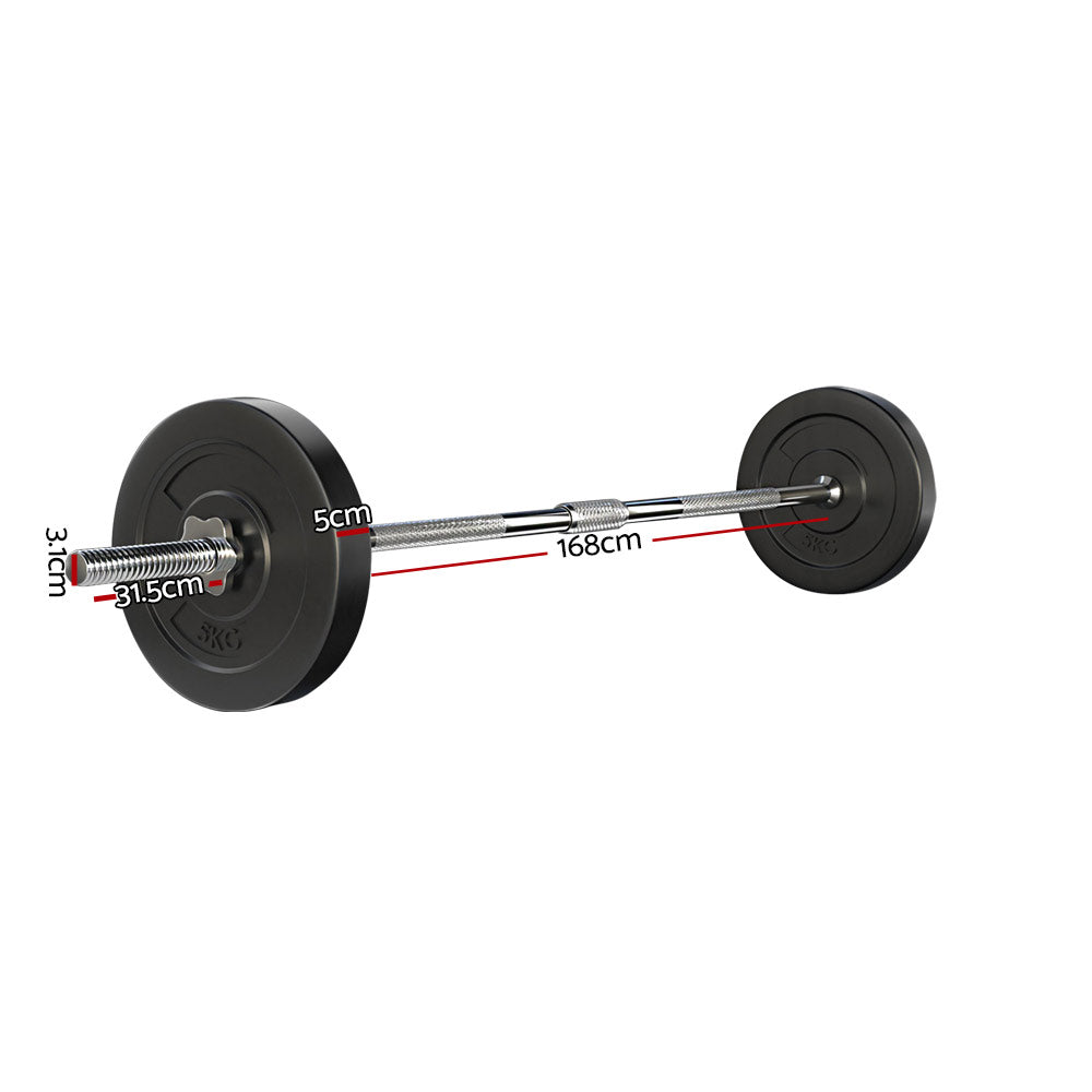 Everfit 18kg barbell set with weight plates and lifting bench, ideal for strength training and gym workouts.