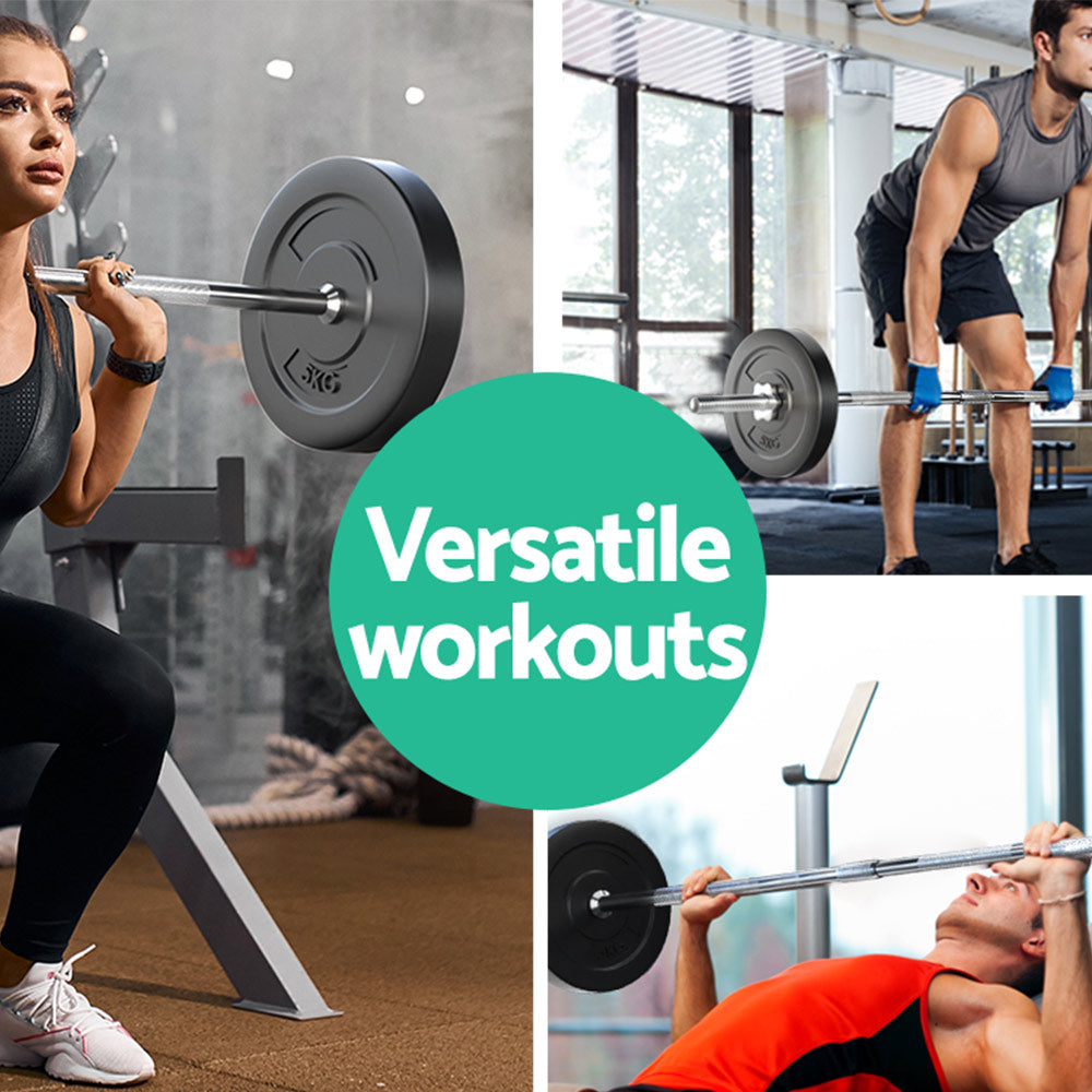 Everfit 18kg barbell set with weight plates, bar, and bench for weightlifting and strength training in a gym setting.