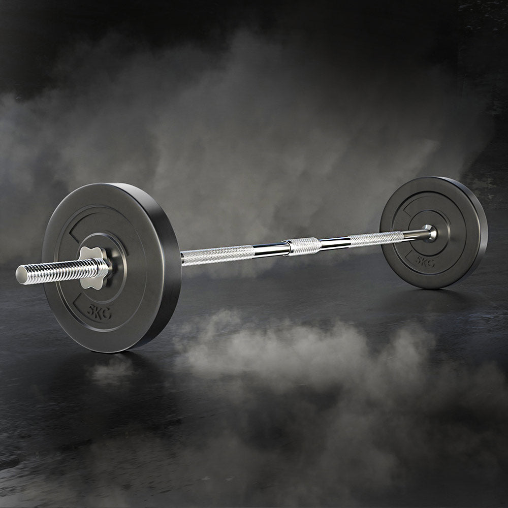 Everfit 18kg barbell set with weight plates and bar, suitable for gym exercises, on a lifting bench by Online Fitness Depot