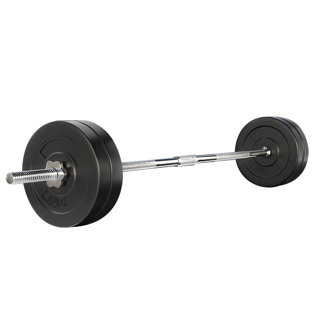 Everfit 48kg barbell set with weight plates and bench for weightlifting, featuring a 168cm bar from Online Fitness Depot.