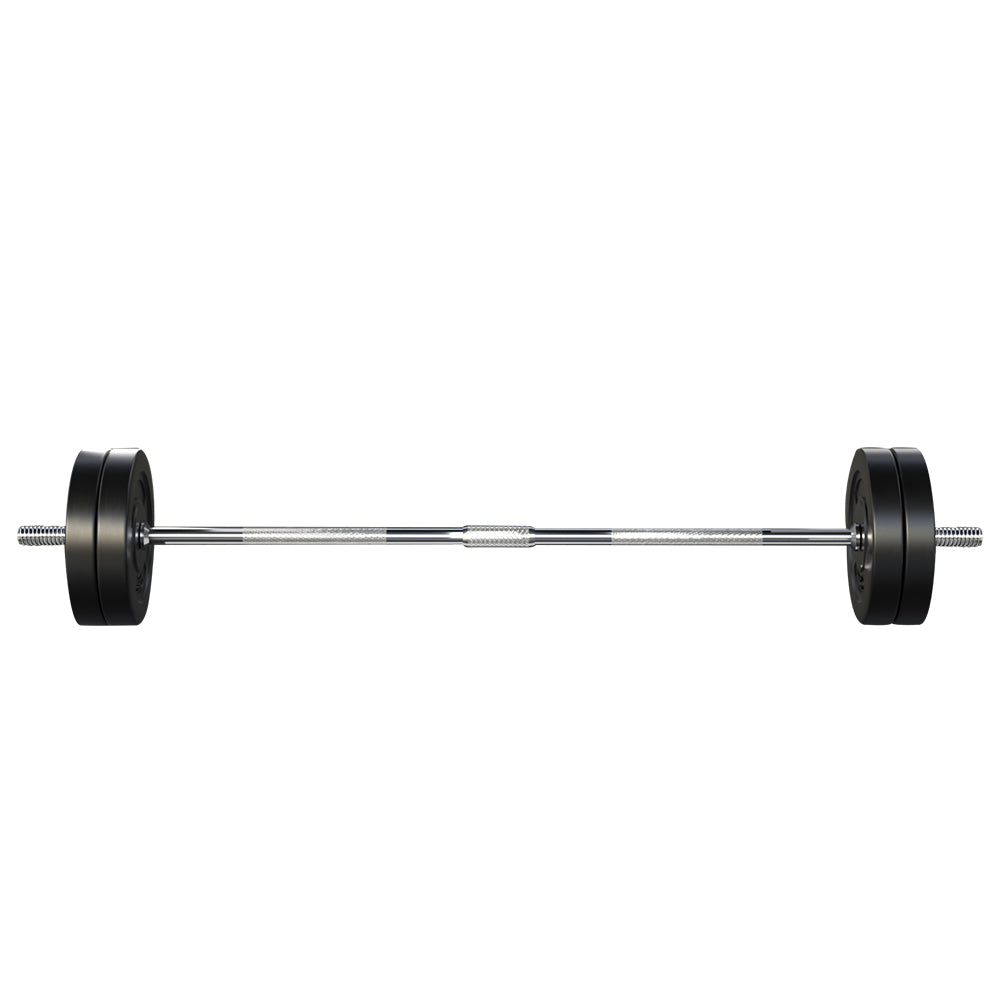 Everfit 48kg barbell set with weight plates and bar, suited for lifting exercises on a 168cm fitness bench.