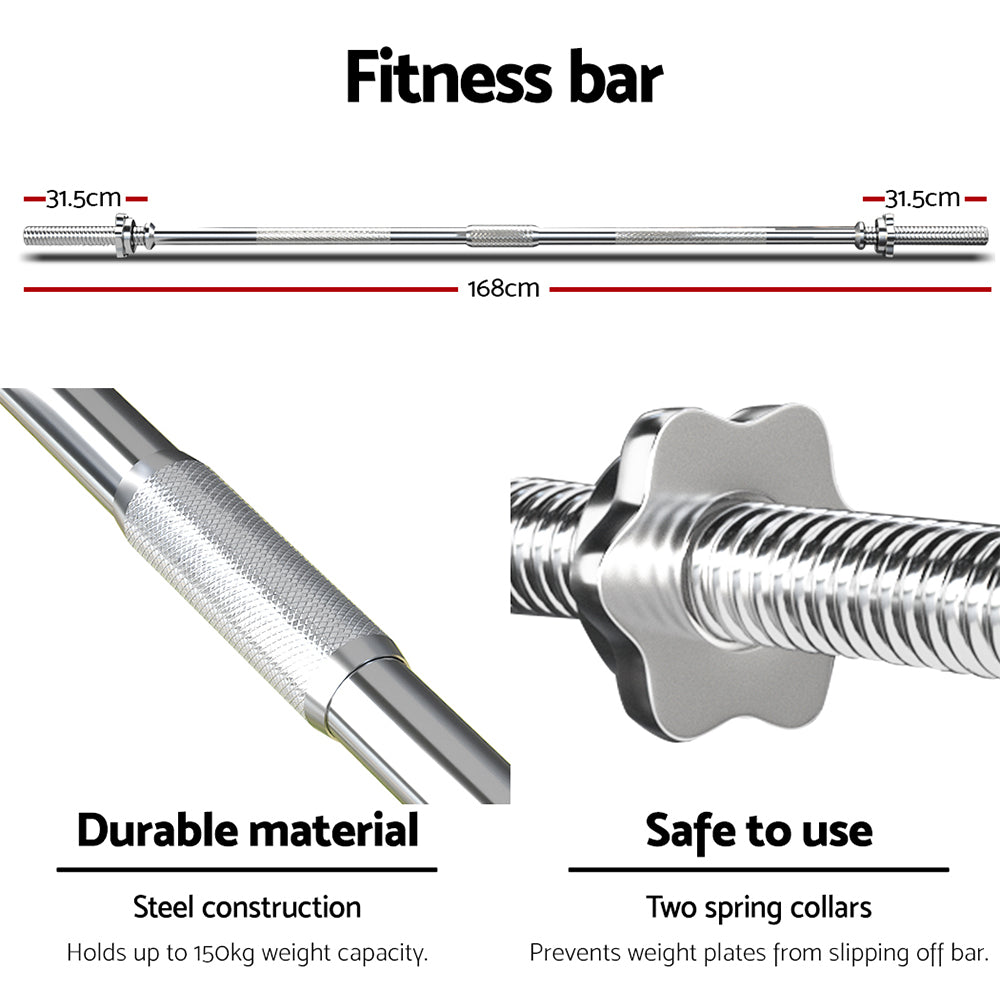 Everfit 48kg barbell set with weight plates and 168cm bar, suitable for lifting and strength training in a gym or home workout.