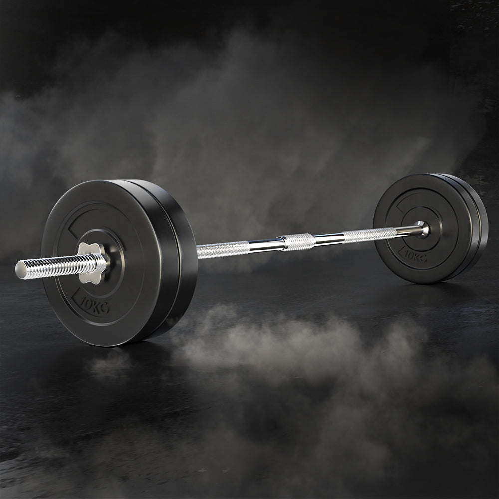 Everfit 48kg barbell set with weight plates and lifting bar on a gym bench, suitable for strength training and workout routines.