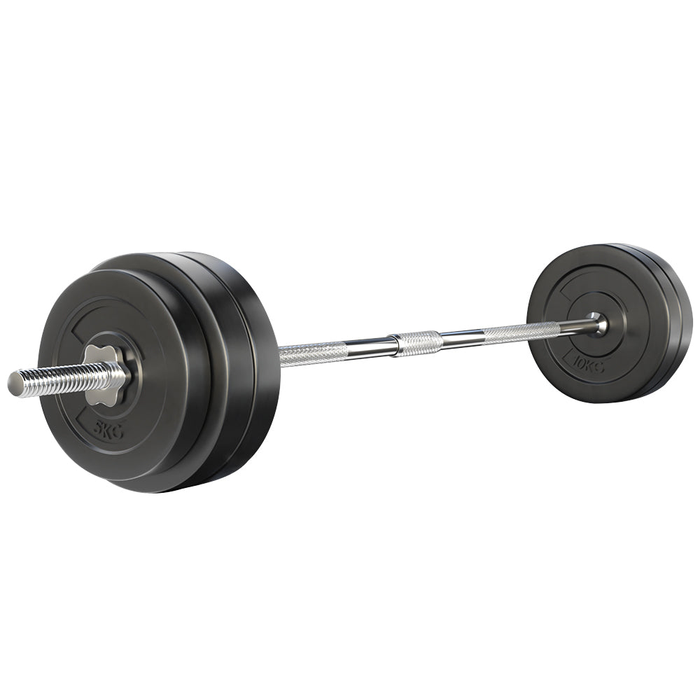 Everfit 58kg barbell set with weight plates and lifting bar on exercise bench, ideal for gym and strength training workouts.