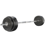 Everfit 58kg barbell set with weight plates and lifting bar on exercise bench, ideal for gym and strength training workouts.