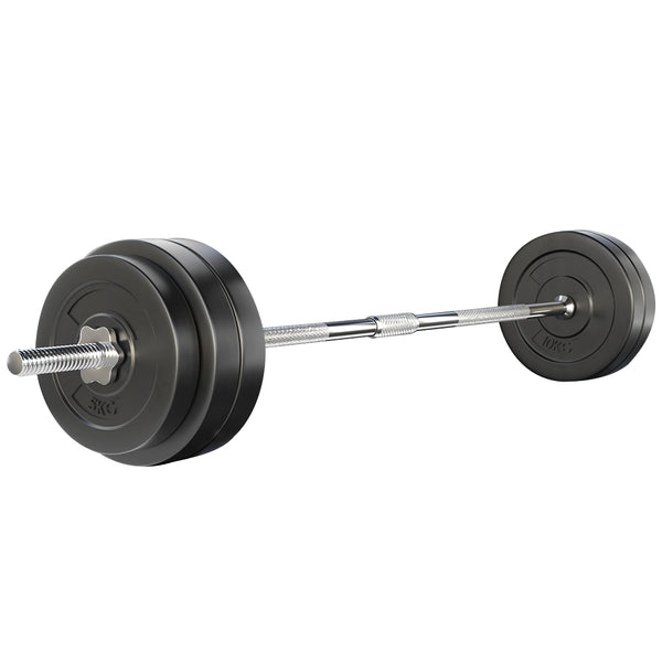 Everfit 58kg barbell set with weight plates and lifting bar on exercise bench, ideal for gym and strength training workouts.