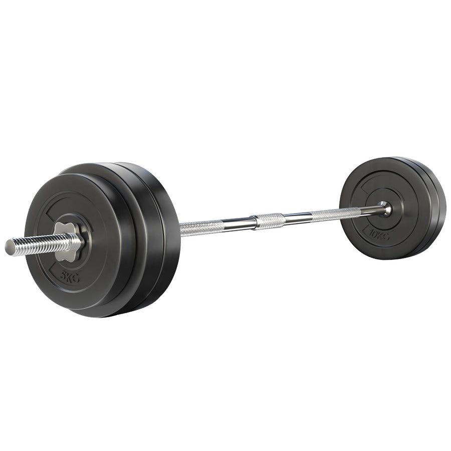 Everfit 58kg barbell set with weight plates and lifting bar on exercise bench, ideal for gym and strength training workouts.