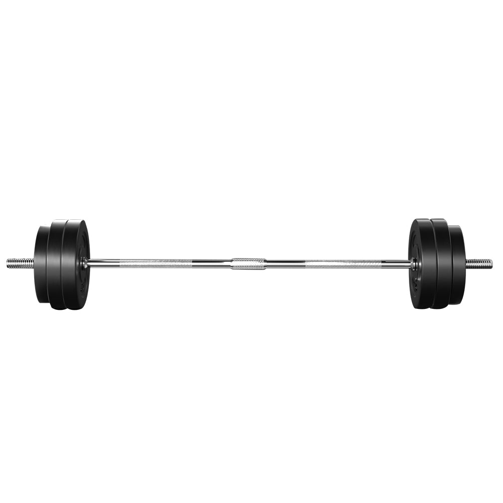 Everfit 58kg barbell set with weight plates on a barbell for weightlifting, shown with a 168cm exercise bench.