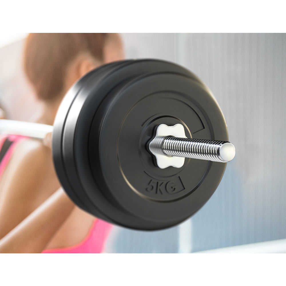 Everfit 58kg barbell set with weight plates on a barbell, gym bench, and fitness equipment for strength training.