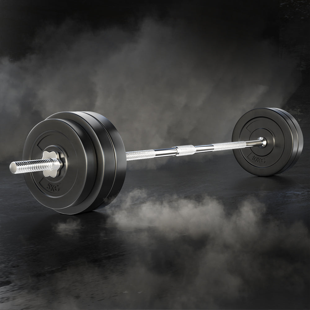 Everfit 58kg barbell set with weight plates and bar on a lifting bench for strength training and gym workouts.