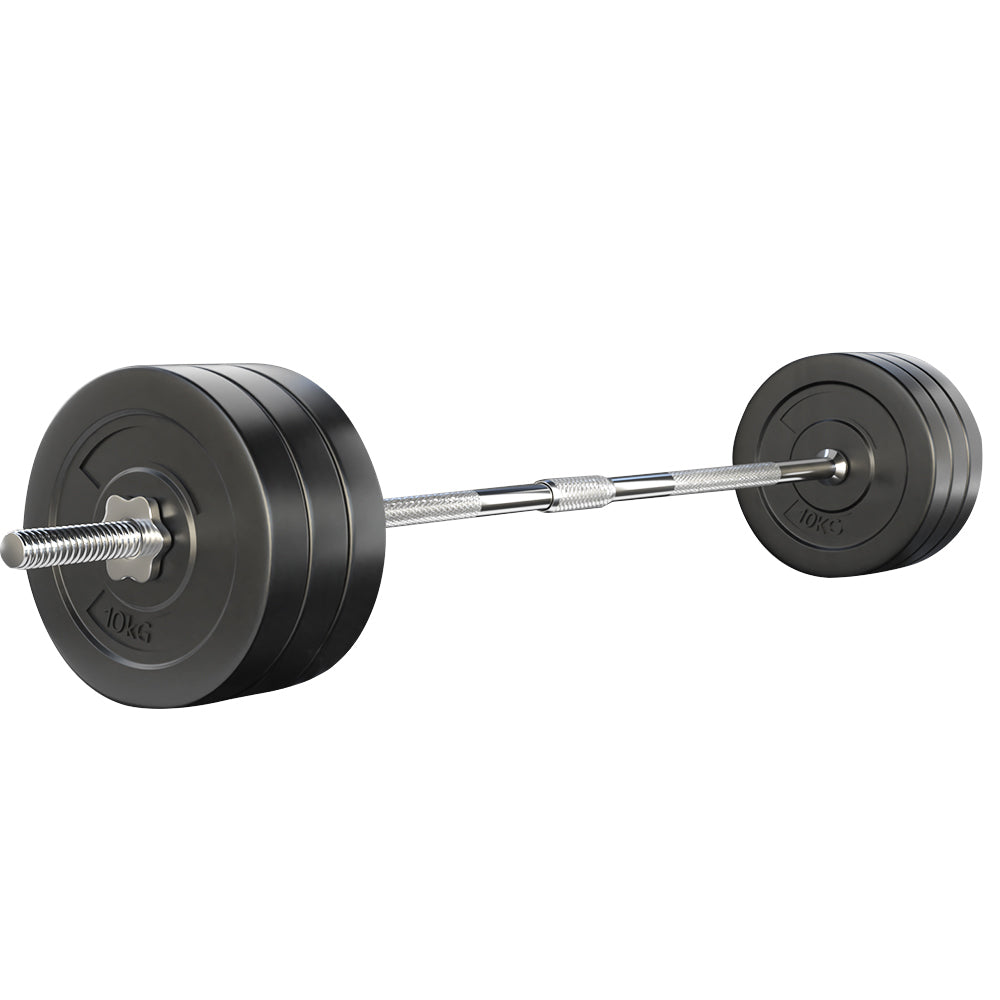 Everfit 68kg barbell set with weight plates on a workout bench, suitable for weightlifting and strength training.