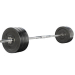 Everfit 68kg barbell set with weight plates on a workout bench, suitable for weightlifting and strength training.