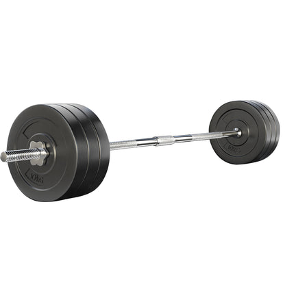 Everfit 68kg barbell set with weight plates on a workout bench, suitable for weightlifting and strength training.