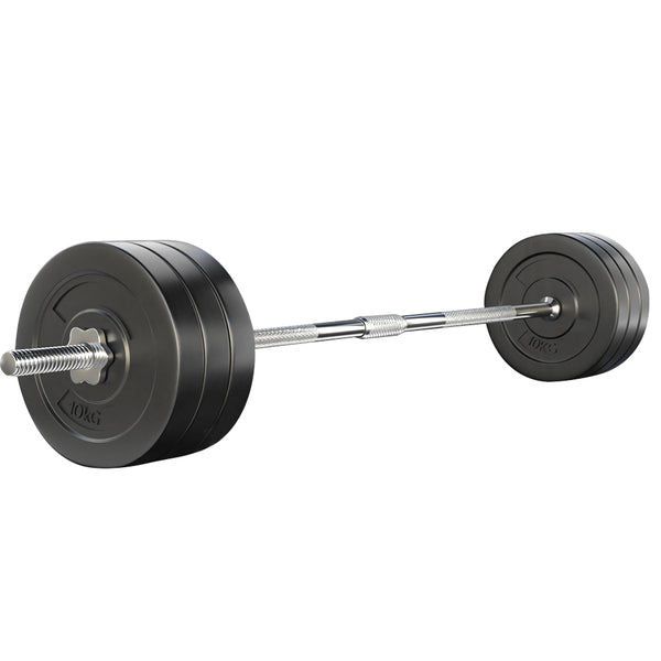 Everfit 68kg barbell set with weight plates on a workout bench, suitable for weightlifting and strength training.