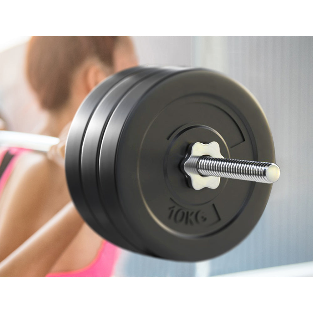 Everfit 68kg barbell set with weight plates and bar for weightlifting, shown with a bench for gym and fitness training.