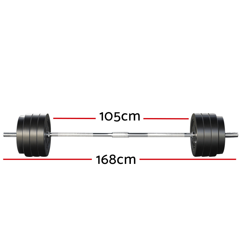 Everfit 78kg barbell set with weight plates on a barbell, suitable for weightlifting and gym exercises, on an exercise bench.