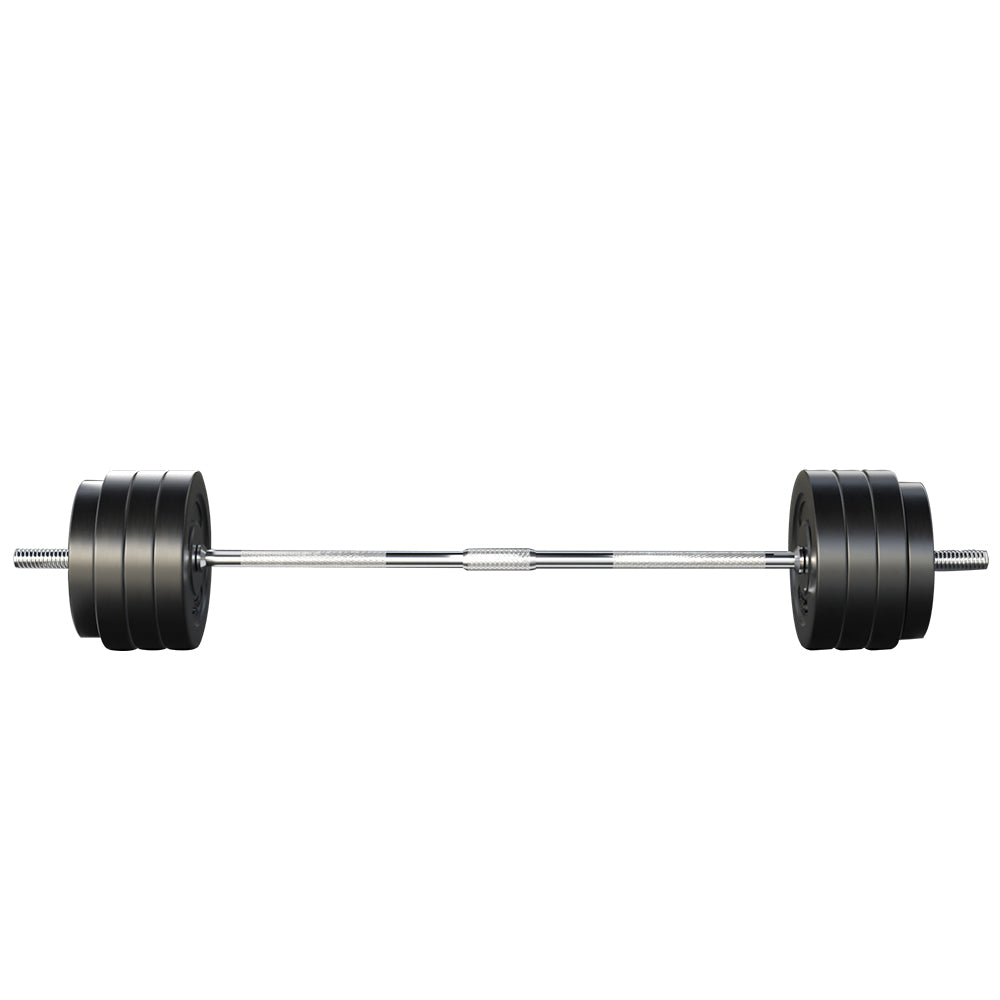Everfit 78kg barbell set with weight plates on a fitness lifting bench, ideal for strength training and gym workouts.