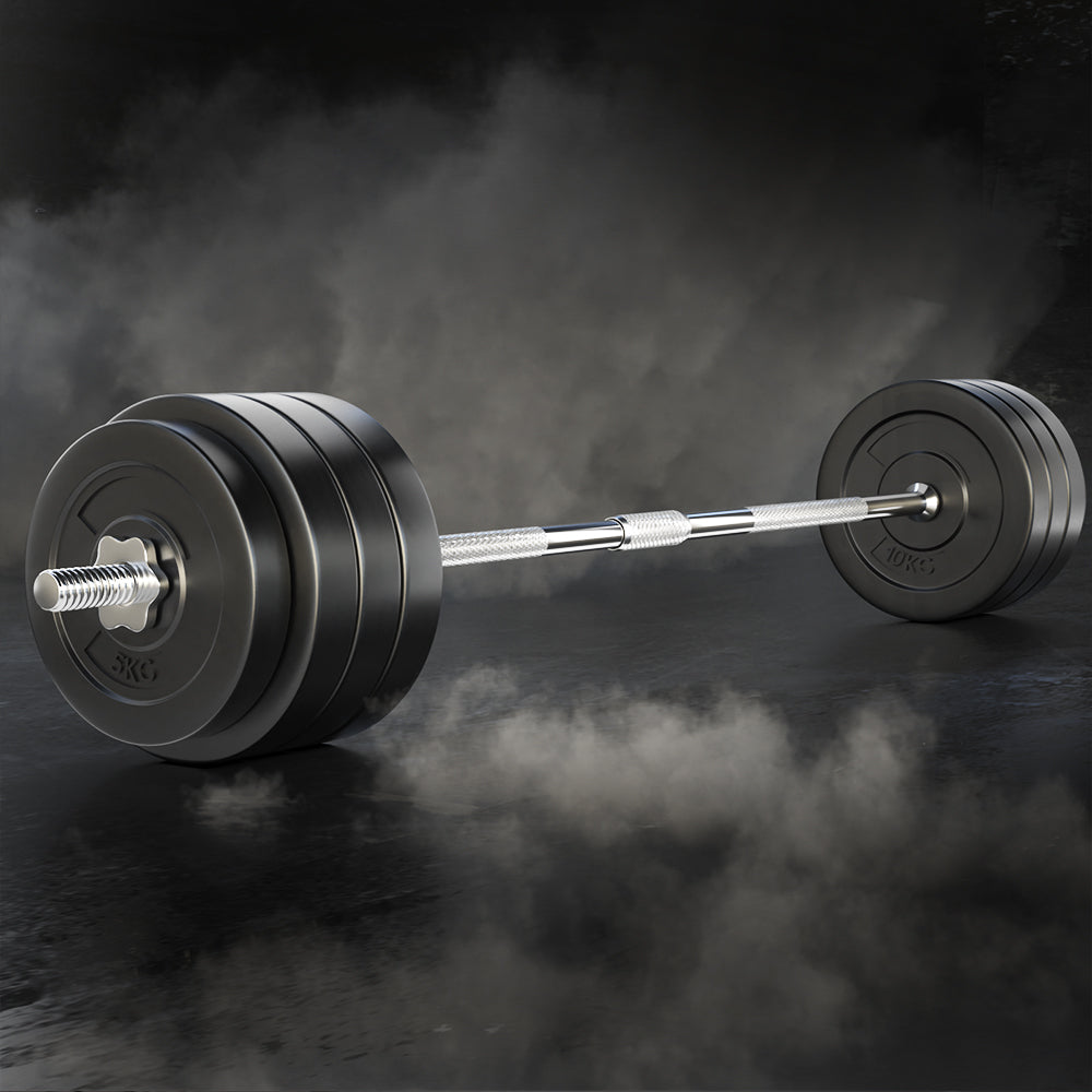 Everfit 78kg barbell set with weight plates, bar, and lifting bench for strength training and gym workouts.