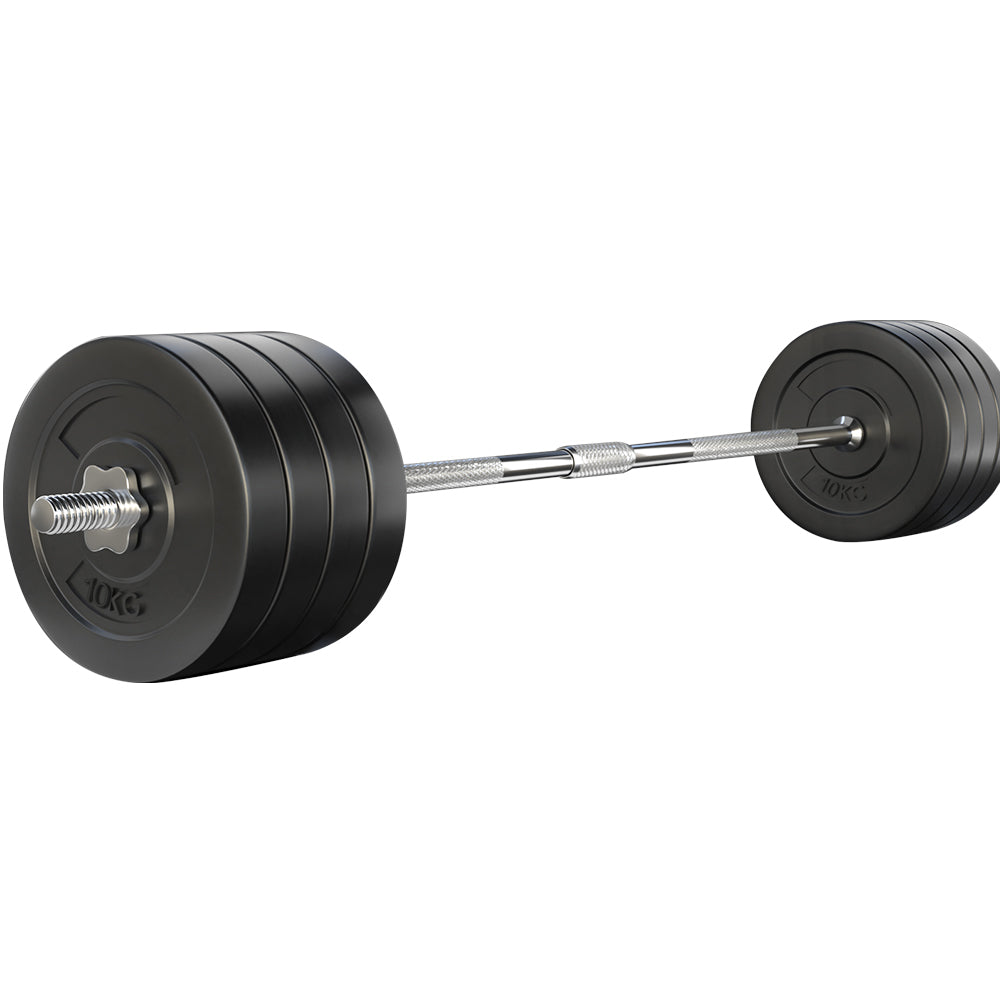 Everfit 88kg barbell set with weight plates and bar for weightlifting, shown on a gym bench for strength training.