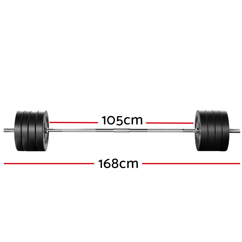 Everfit 88kg barbell set with weight plates and bench, suitable for gym and weightlifting exercises, featuring a 168cm bar.
