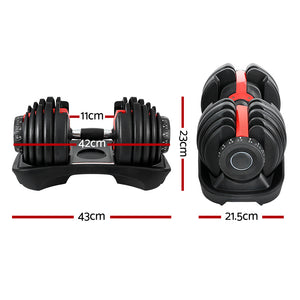 Adjustable Everfit 24kg dumbbells with weight plates for home gym workouts, featuring a sleek black design and easy grip handles.