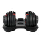 Adjustable Everfit 24kg dumbbells with weight plates for home gym workouts, featuring black handles and silver weights.