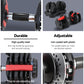 Adjustable Everfit 24kg dumbbells with weight plates for home gym workouts, featuring black handles and silver plates.