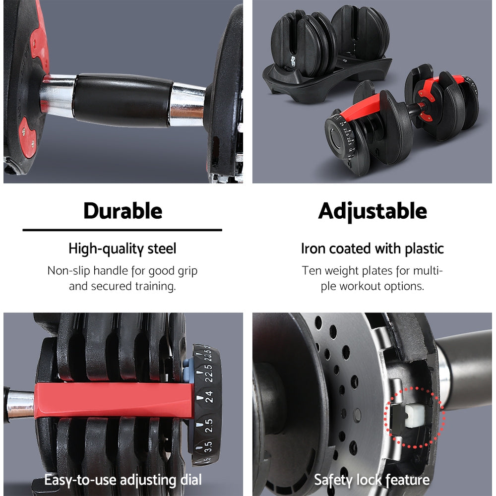 Adjustable Everfit 24kg dumbbells with weight plates for home gym workouts, featuring black handles and silver plates.