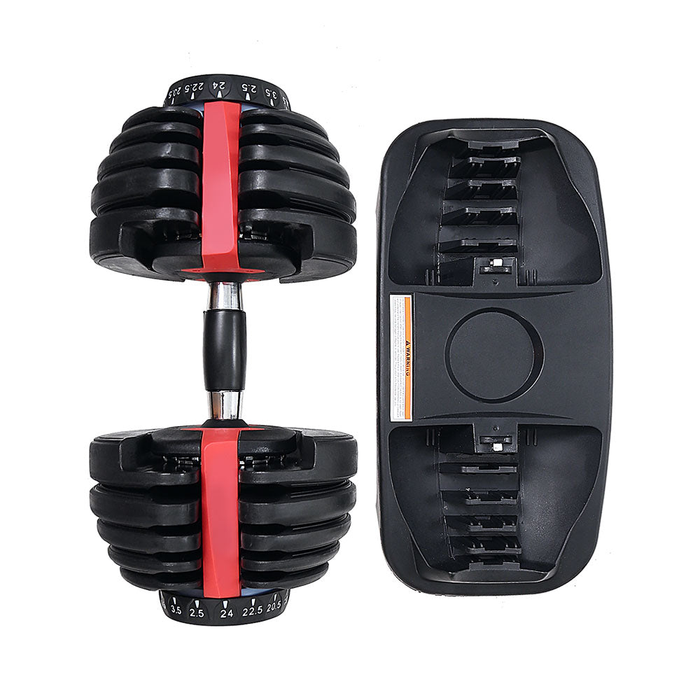 Pair of Everfit 24kg adjustable dumbbell weight plates for home gym, shown with black handles and clear weight markings
