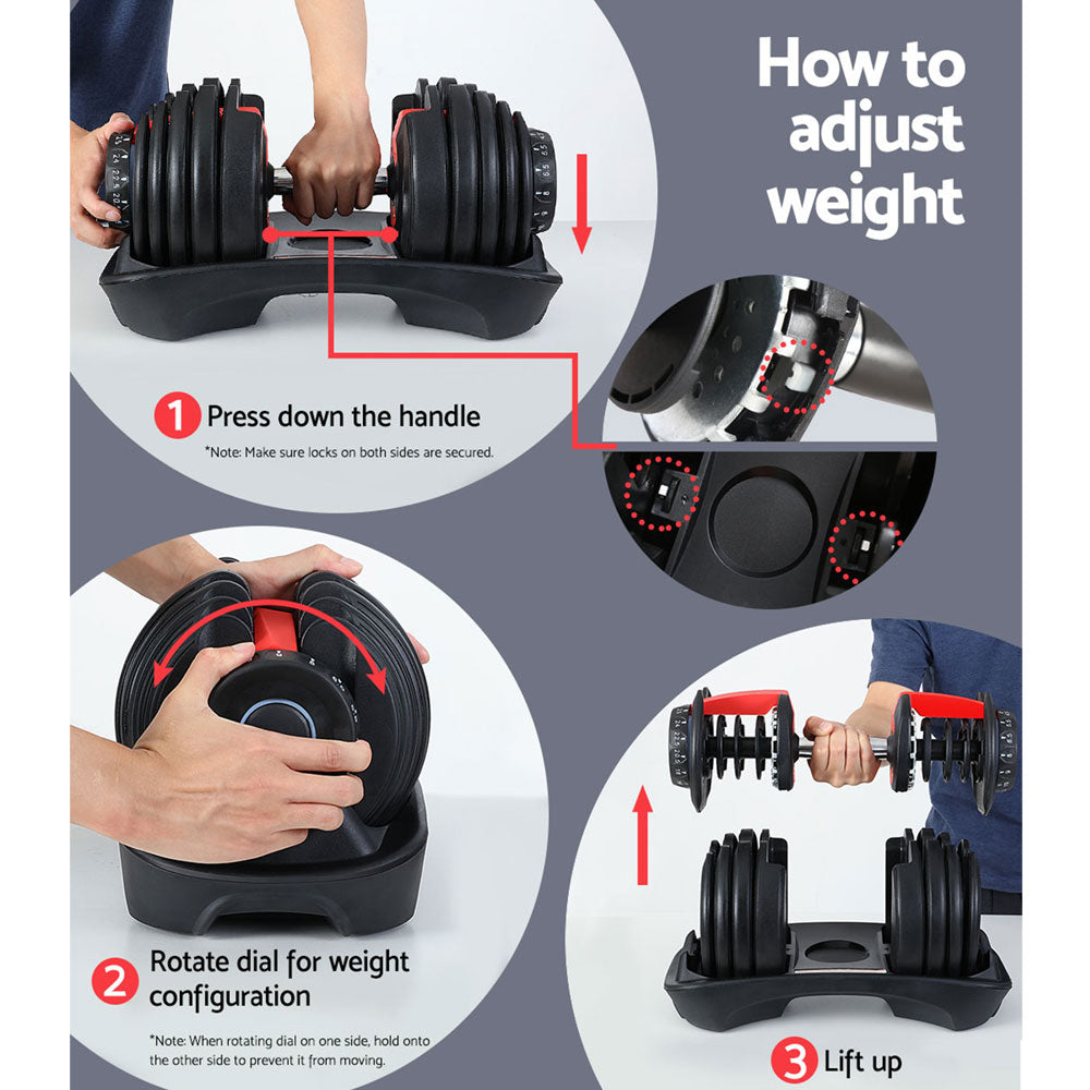 Pair of Everfit 24kg adjustable dumbbell weight plates for home gym, black metal with grip holes, two pieces included.