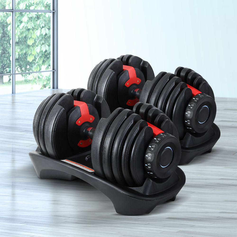 Pair of Everfit 24kg adjustable dumbbell weight plates for home gym, black metal with weight markings, 2 pieces included.