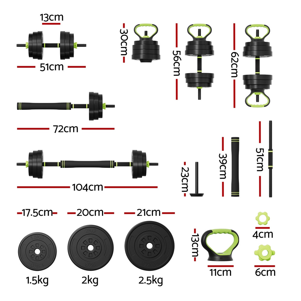 Everfit 25kg adjustable dumbbells set with weight plates and barbells for gym and fitness training, from Online Fitness Depot.