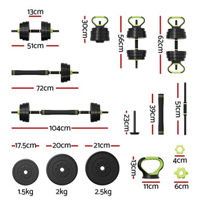 Everfit 25kg adjustable dumbbells set with weight plates and barbells for gym and fitness training, from Online Fitness Depot.