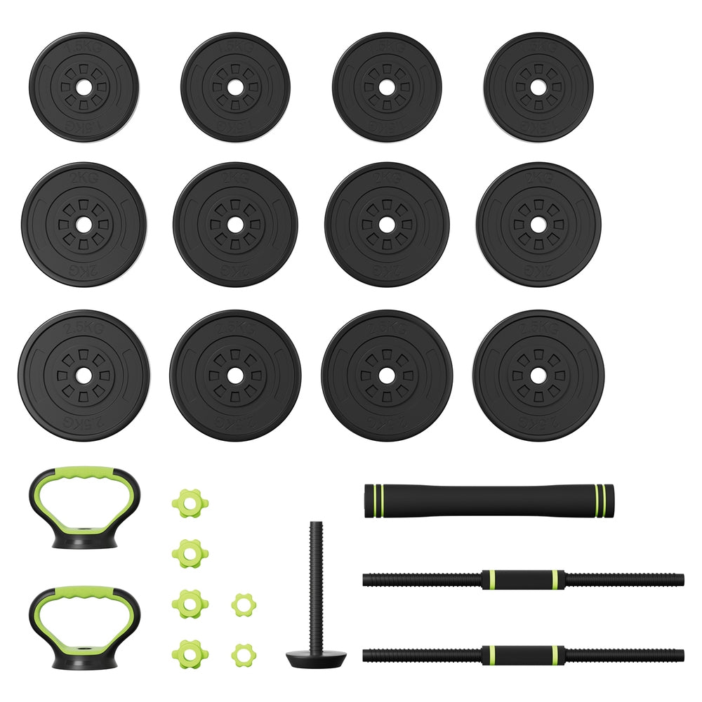 Everfit 25kg adjustable dumbbells set with weight plates and barbells for gym and fitness training at Online Fitness Depot